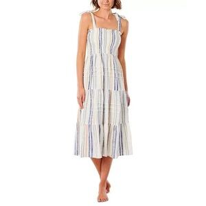 Rip Curl Women’s Midi Dress Small White Blue Stripe Sleeveless Tiered Smocked